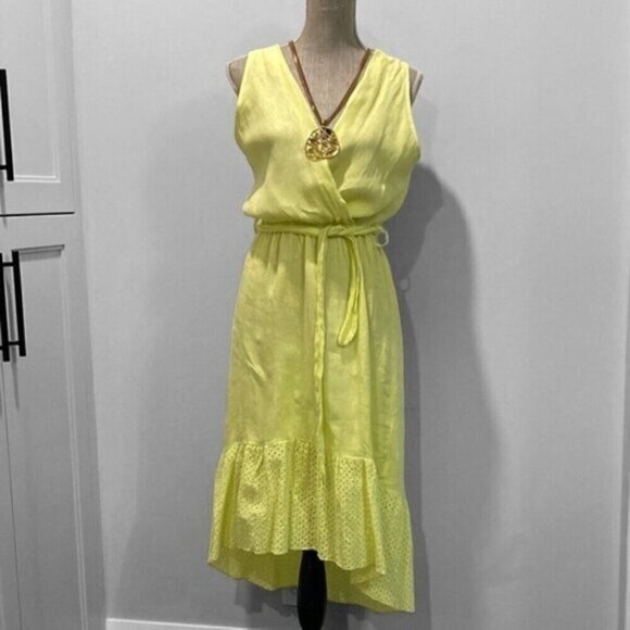 Via Signora Neon Yellow Linen Maxi Dress Medium fit - Picture 3 of 16